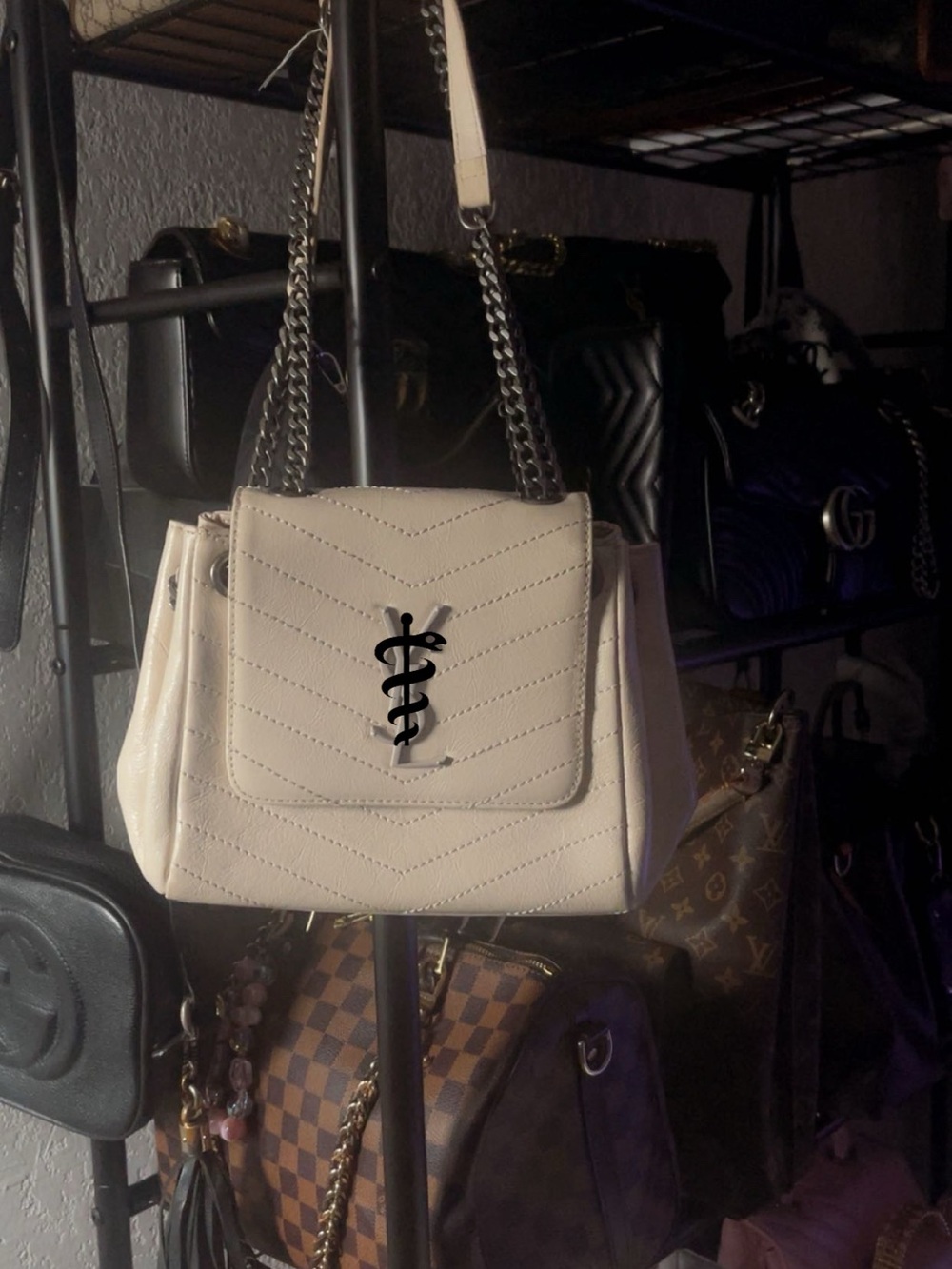 Cream Quilted Chain-Handle Shoulder Bag